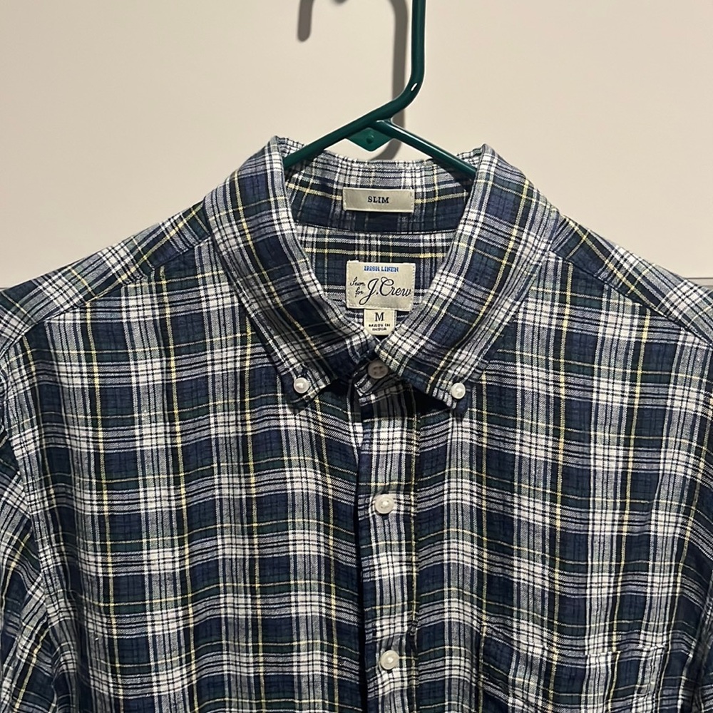 J.Crew Irish Linen Button Down - navy,green,yellow - Medium - Slim